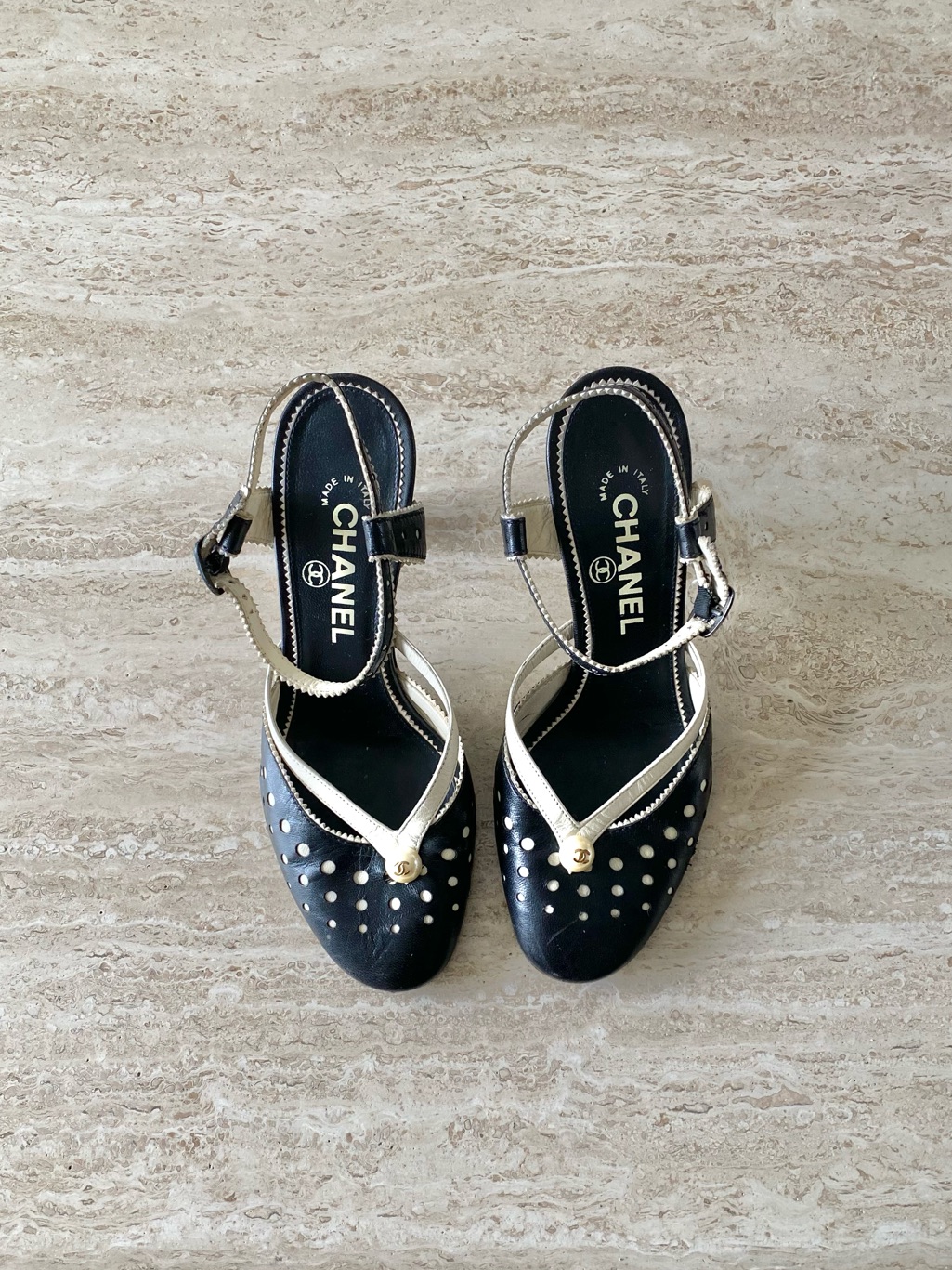 Vintage Chanel Perforated Leather Cc Pearl Ankle Strap Heels